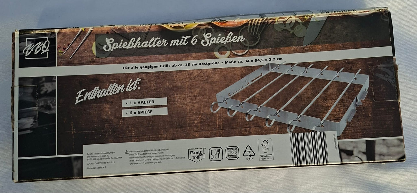 BBQ Spießhalter mit 6 Spießen - Edelstahl - Neu