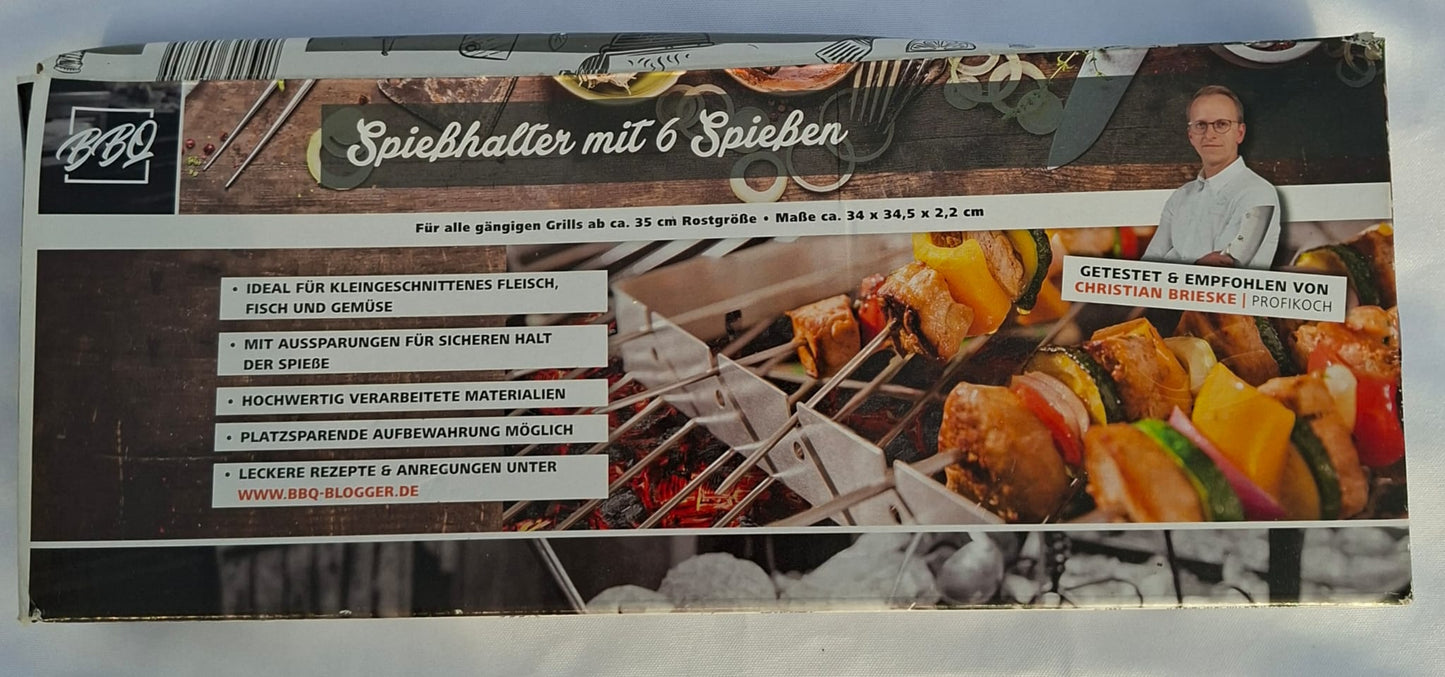 BBQ Spießhalter mit 6 Spießen - Edelstahl - Neu